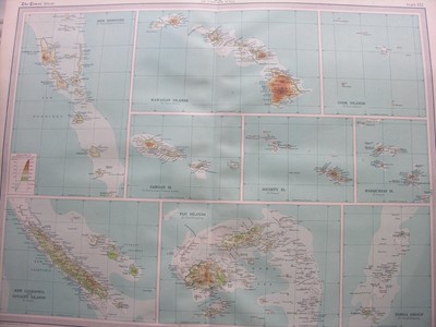 1920 KARTE DER INSELN OZEANIEN Hawaii Fidschi Tonga Samoa Kaledonien 112 mal Atlas