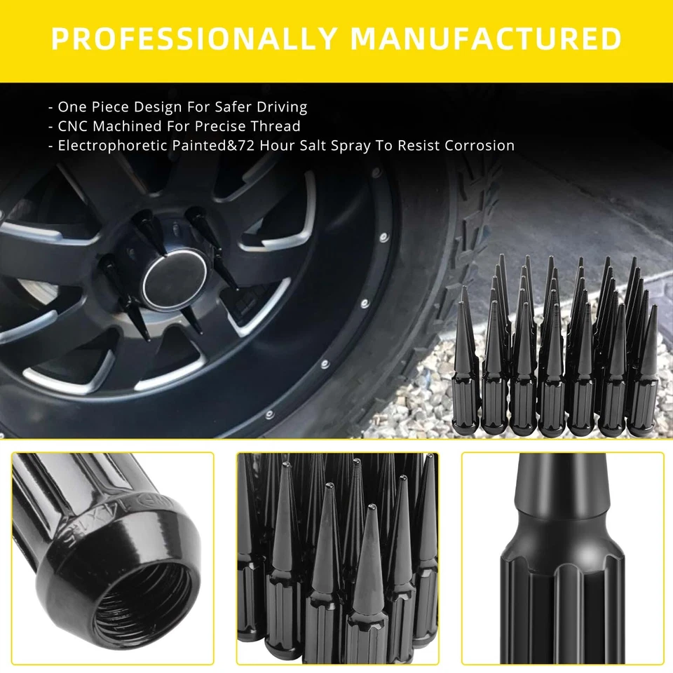 For Toyota Tundra 07-22 24x Black Spiked Lug Nuts M14x1.5 Thread 4.4" Tall + Key - Image 2 of 4