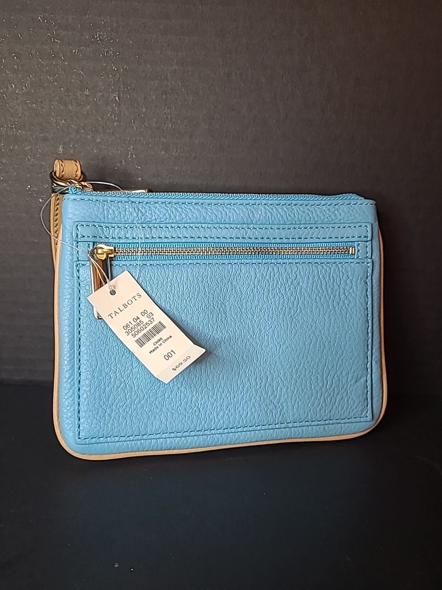 Talbots Leather WRISTLET Blue With Brown Trim and Strap GOLD ZIP