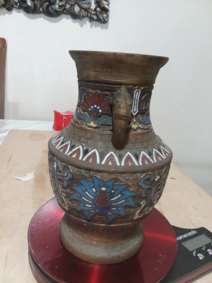 Antiguo frasco champlevé japonés, jarrón con asas de grifo Foto 2 de 4