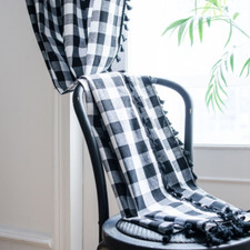 DIY Grid Geometry Cotton Linen Window Curtains Rod Pocket Drapes Panel Tassels