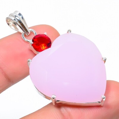Pink Rose Quartz Gemstone Handmade 925 Sterling Silver Jewelry Pendant Size 2.2