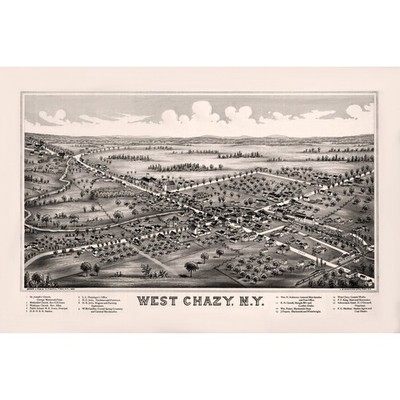 West Chazy New York 1899 Bird's Eye View Drawing of Historic Town