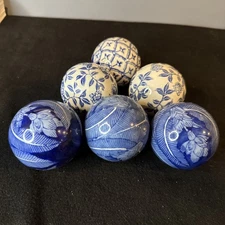 Porcelain Spheres Set Of 6 Blue White Decorative Carpet Balls Geometric Patterns