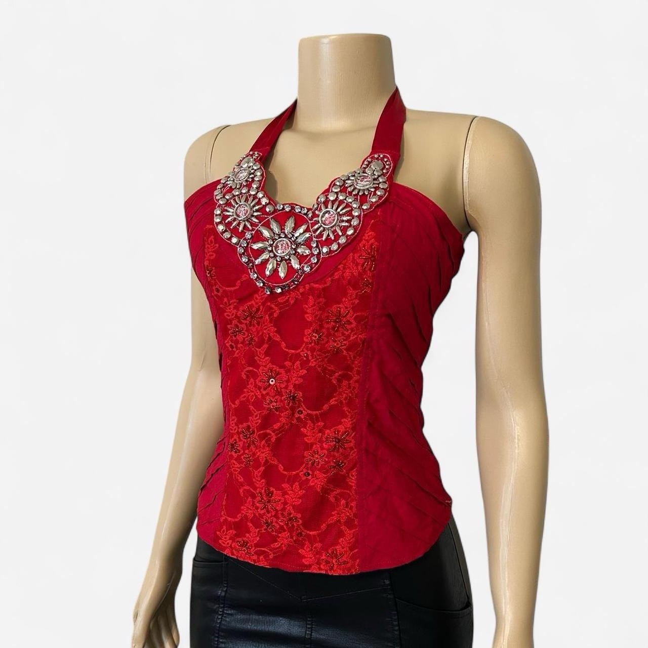 Red Beaded Halter Top Y2K Corset Style | Glam Party Lace Bling