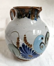 Ken Edwards Pottery Tonala Mexican Pitcher Tan Birds Feathers Flowers Signed