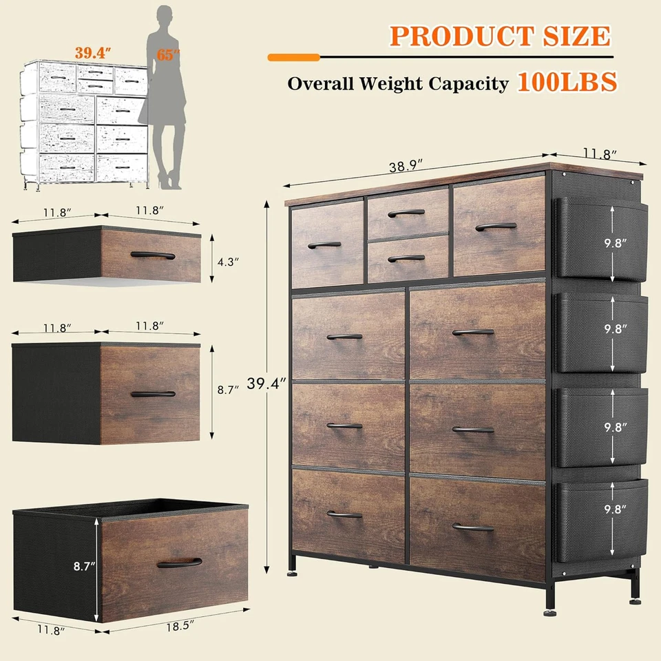 Dresser for Bedroom with 10 Drawers, Chest of Drawers with Side Pockets and Hook - Image 3 of 4