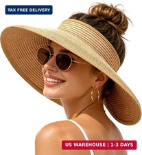 Sun Hats Visor for Women, UV UPF Straw Beach Hat Foldable Wide Brim Ponytail Sum