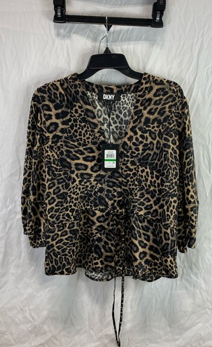 NWT DKNY Womens Black Khaki Safari Leopard V-Neck Long Sleeve Blouse Top Size L