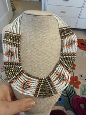 White Gold Teal Seed Bead Necklace Statement Western Native Boho Style