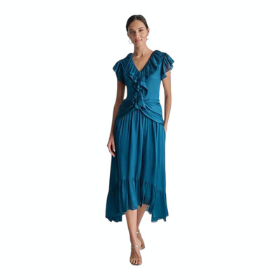 DKNY Women's Ruffled Crinkle Textured Chiffon Maxi Dress Teal Blue Sizes 6, 16
