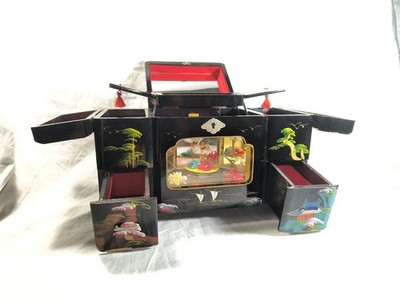 Vintage Japanese Toyo Painted Jewelry Music Box Black Lacquer Ballerina Working