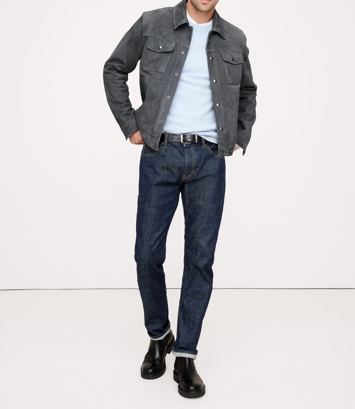 Gray Trucker Leather Jacket for Men Pure Suede Custom Made Size S M L XXL 3XL