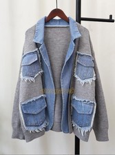 Denim Patchwork Sweater Coat Women's Loose Casual Knitwear Fashion Cardigan Hot