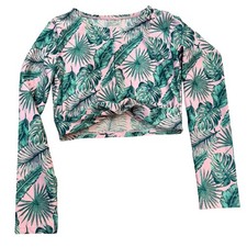 Roatan Swimwear Rash Guard Pink Green Tropical Palm Twist Front Kids Medium
