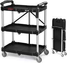 Portable 3-Tier Folding Utility Service Cart with Wheels for Garage Warehouse