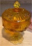 Vintage Fenton Amber Cabbage Rose Footed Candy Dish/Trinket Bowl W/Lid