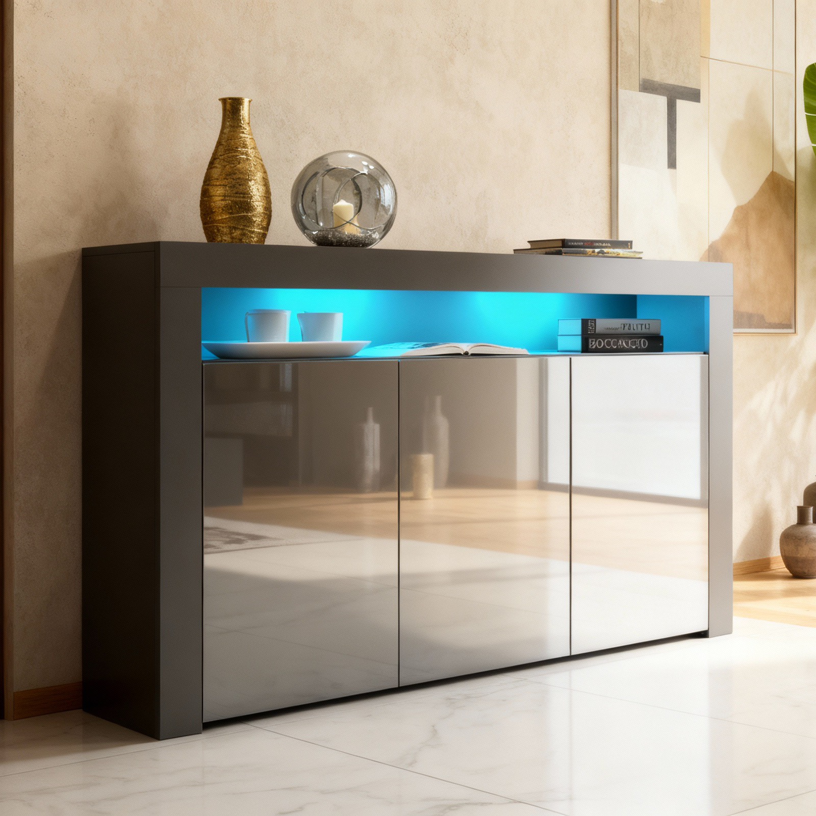TV Unit TV Stand Sideboard Cabinet Storage Grey Matt Gloss LED Display 155cm