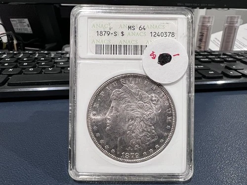1879-S $1 Morgan Silver Dollar Anacs MS 64 Old Mini Soap Box Holder (IJ)