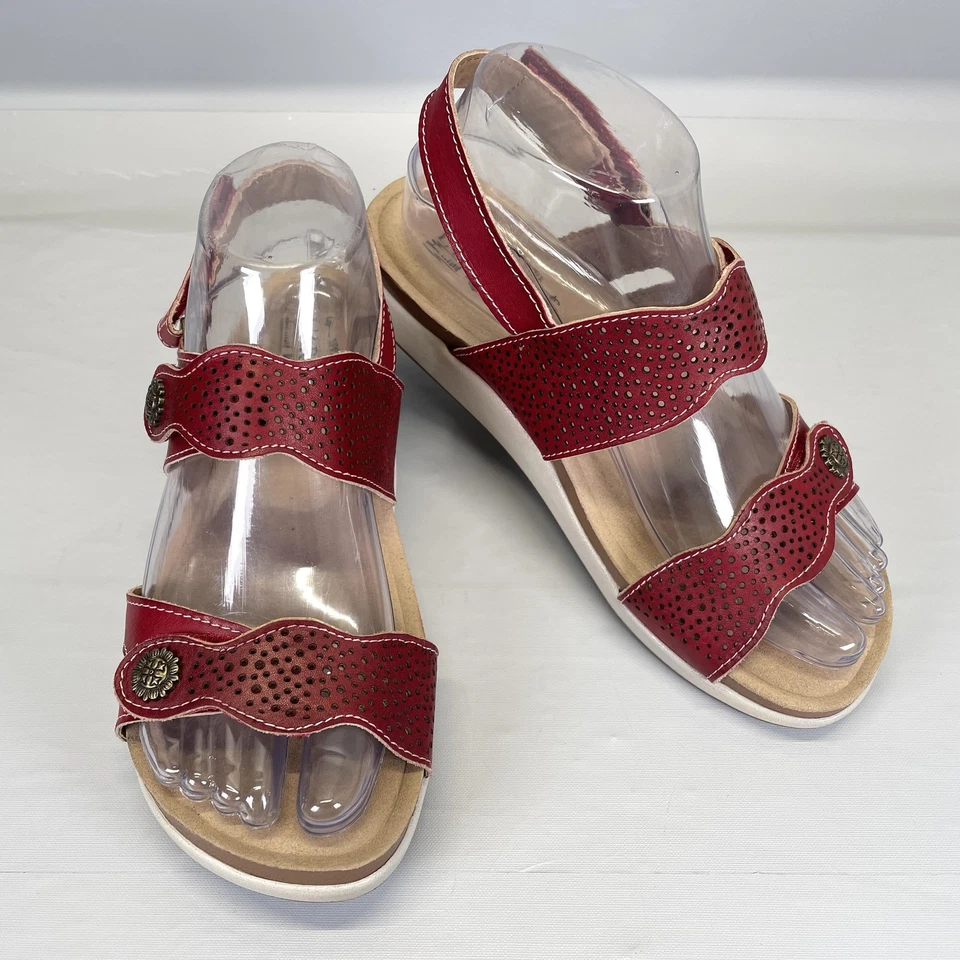 L'Artiste Spring Step Globe Sandals Womens Size 37 Red Leather Wedge Strap Shoes - Image 2 of 4