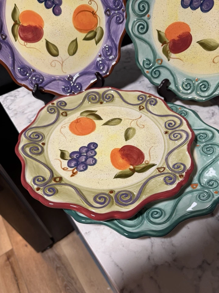 Set 4 Tabletops Unlimited Medici Hand Painted Round 11" Plates Colorful Fruit - Image 2 of 4