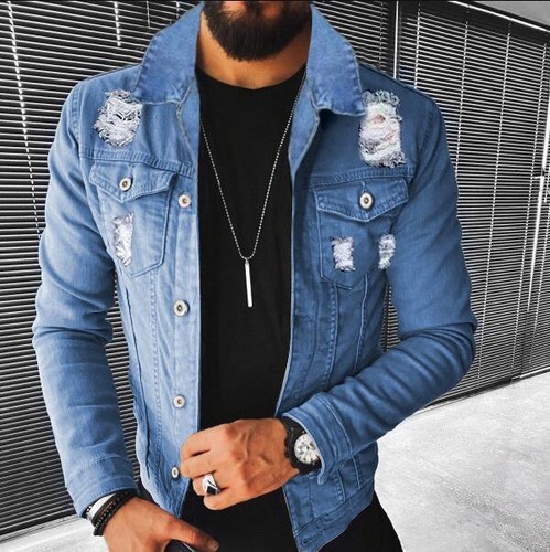 Men's Youth 2023 Fashion US Flag Ripped Denim Gothic Short Jacket Overcoat - Picture 6 of 13