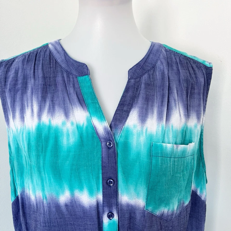 Kim Rogers Womens Blue Teal Tie Dye Sleeveless Split Neck Tank Top Rayon Plus 1X - Image 3 of 4