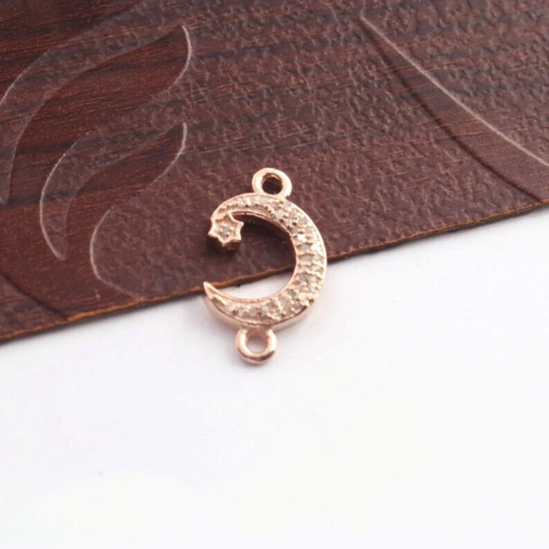 1 Pc Natural Pave Diamond Crescent Moon with Star Charm Connector 925 Sterling - Image 2 of 4