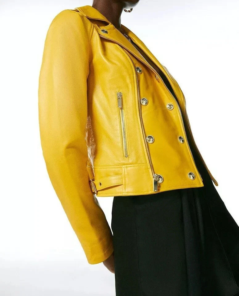 HOT! Women's Genuine yellow Lambskin Leather Jacket Slim Fit Biker jacket Coat