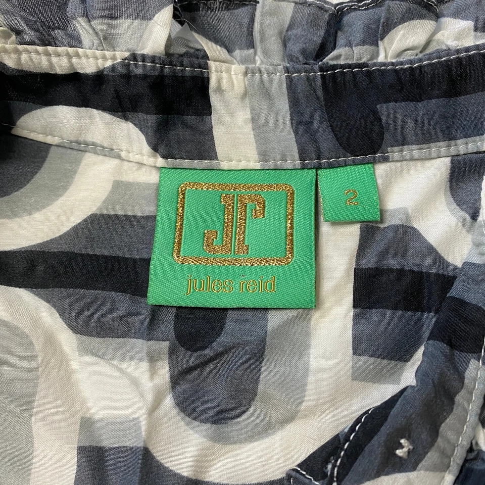 Camiseta sin mangas Jules Reid para mujer talla 2 gris blanco geométrica sin mangas con volantes de lino Foto 3 de 4