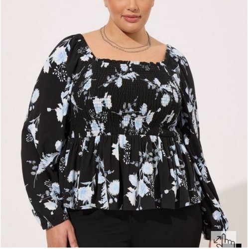 Torrid Blouse Women's 2X Floral Smocked Bodice Babydoll Top $59 NEW - Picture 2 of 9