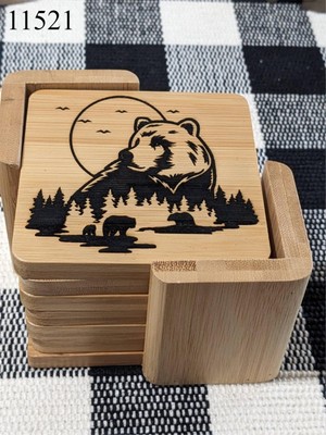 Rustic Bear Mountain Cabin Décor Set of 6 Bamboo Coasters & Holder Can Customize