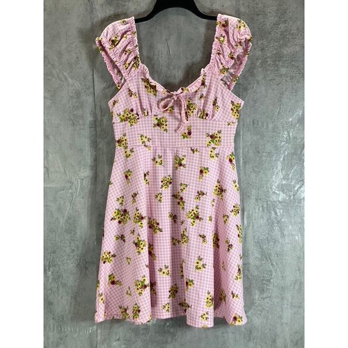 Mini Vestido ULTRA FLIRT Juniors Rosa Floral Estampado a Cuadros Volantes Ajuste y Acampanado Talla L - Imagen 2 de 10