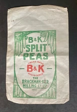 VINTAGE  B & K SPLIT PEAS, BRACKMAN-KER MILLING CO FEED CLOTH SACK
