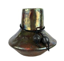 Dot Turman Raku Studio Art Pottery Squat Jar Iridescent Bronze Cord Beads