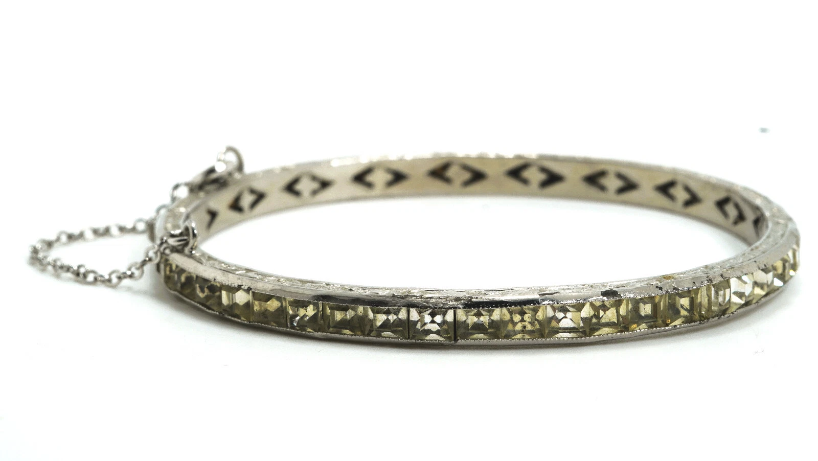 CHANEL Bracciale Cerniera Art Déco Argento Sterling Inciso Strass Trasparente & Set Canali