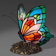 Tiffany Style Table Lamp Butterfly Stained Glass Desk Light Vintage Accent Light