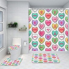 4Pcs Shower Curtain Sets, Colorful Heart Candy Valentines Day Sweets Bathroom...