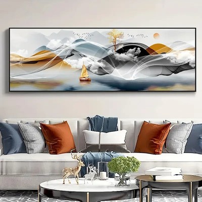 Panoramic Golden Tree & Boat Fantasy Landscape Canvas Wall Art Home Decor