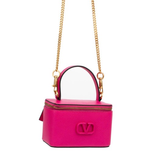 VALENTINO GARAVANI Women V-Logo Signature Box Chain Shoulder Bag Pink Leather