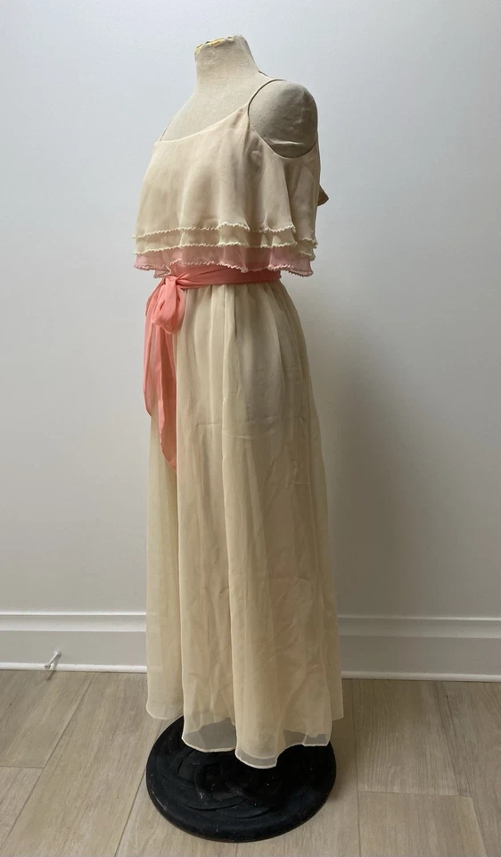 Maxi Vestido Vintage Años 70 de Gasa Transparente Rosa Crema Diosa Corpiño en Niveles Boda XS Foto 4 de 4