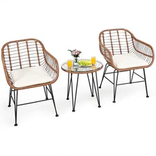 Patiojoy 3PCS Patio Rattan Bistro Set Coffee Table Armchair with Beige Cushion