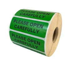 1x3 Please Open Carefully Instructions Shipping Green Labels (2) RLS of 500 EA