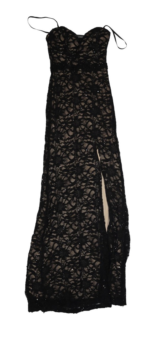 B. Darlin Dress Juniors 1/2 Black Lace Sequin Sweetheart Mermaid Maxi Formal
