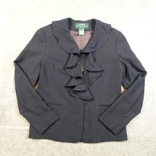VTG Ralph Lauren Blazer Womens 6 Petite Worsted Wool Ruffle Front Navy Old Money