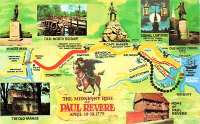 Paul Revere Midnight Ride Map Massachusetts Bay Patriotic Vtg Postcard F38