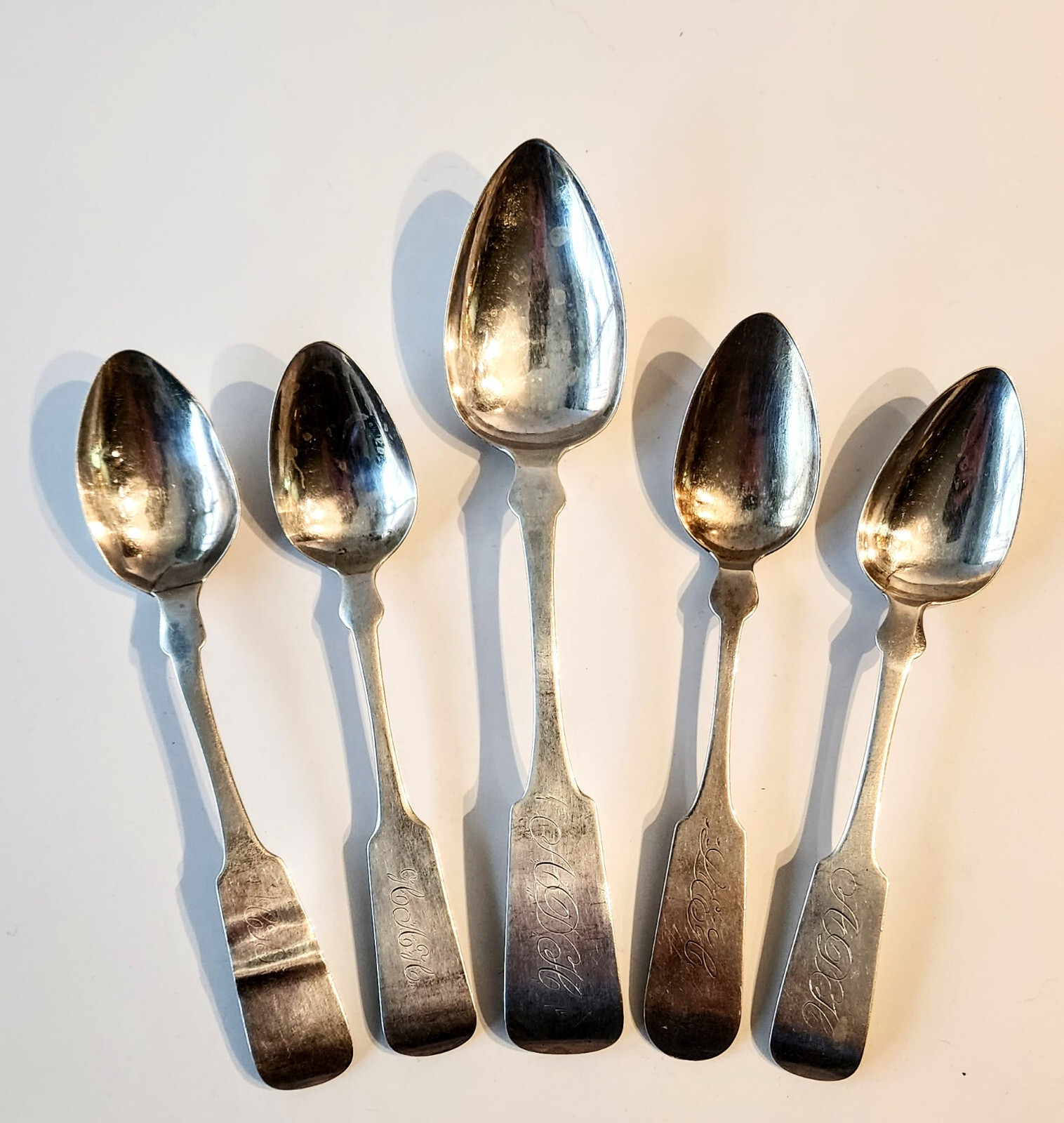 4 Antique Coin Silver Teaspoons & 1 Tablespoon E Young & more  Fiddle Pattern