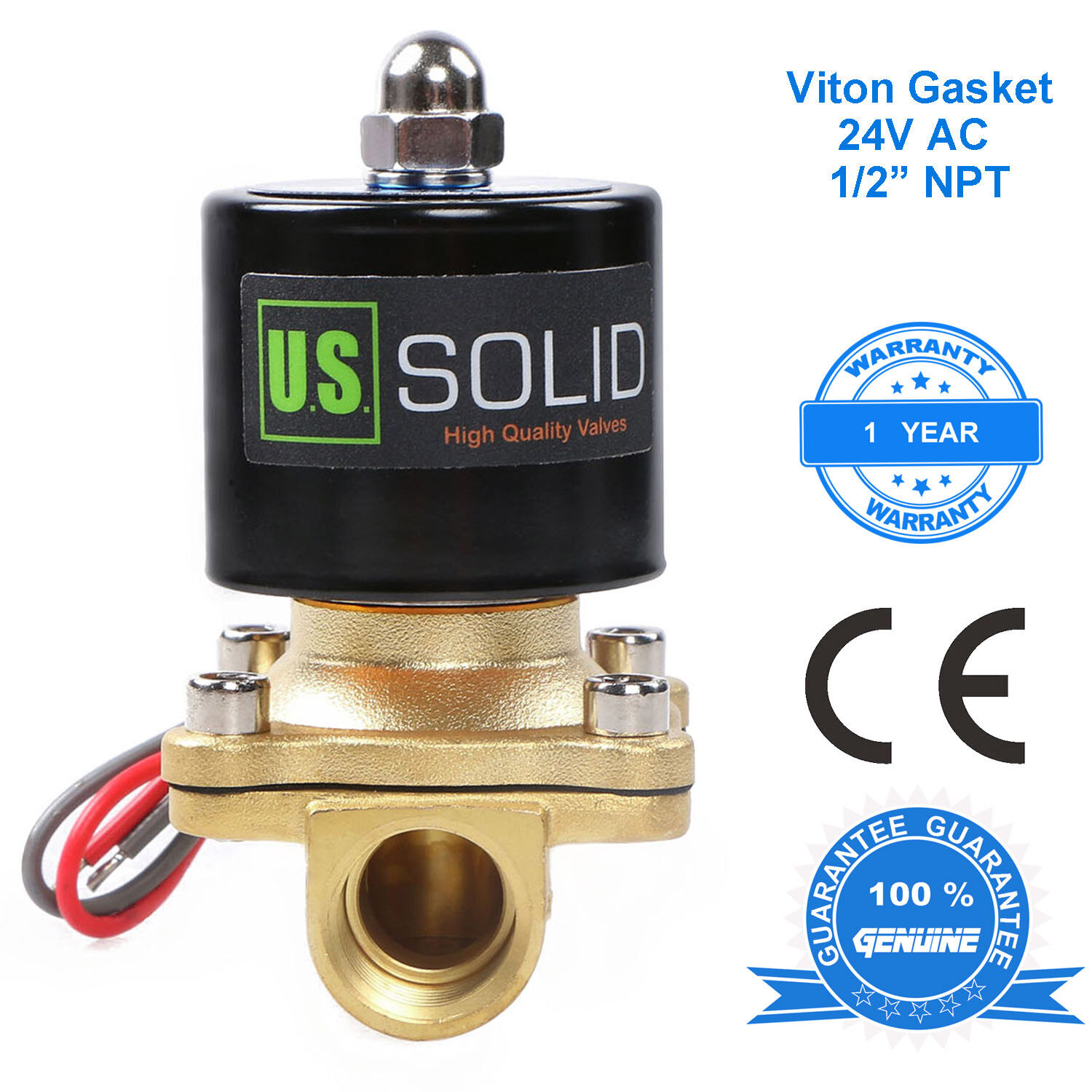 U. S. Solid 1/2'' Brass Electric Solenoid Valve 24V AC Normally Closed Air