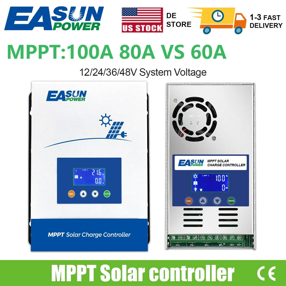 EASUNPOWER MPPT 60A 80A 100A Solar Charge Controller 12V 24V 36V 48V DC Battery Regulator