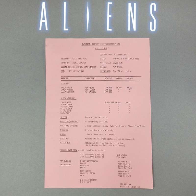 Image 9 of Aliens (1986) - Production Used Call Sheet 1, STAN WINSTON 2nd Unit F/X w/Aliens